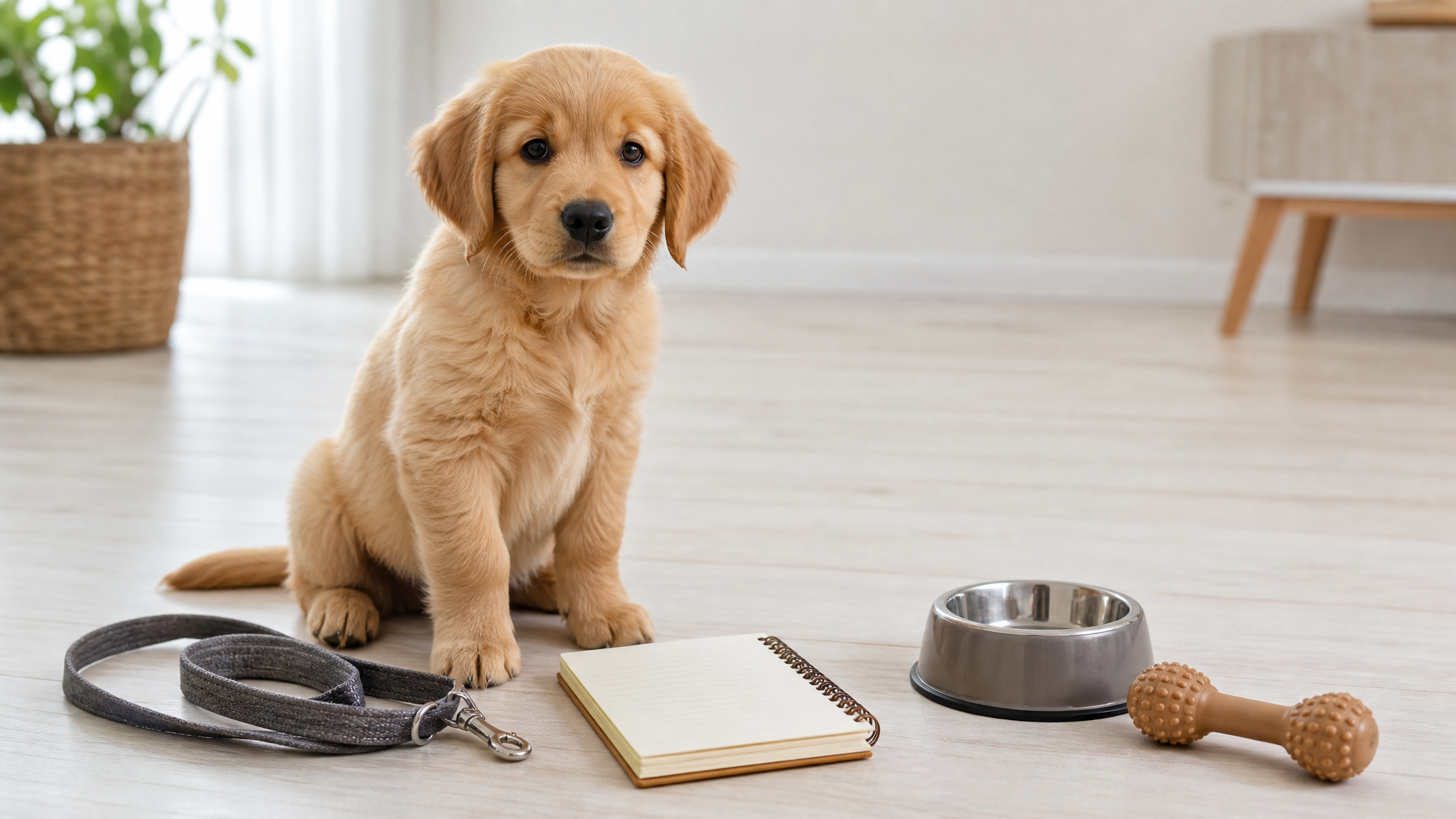 A puppy sitting beside a checklist notebook, leash, food bowl, and chew toy