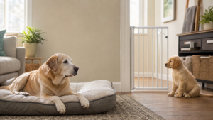 Senior dog resting calmly while a puppy sits nearby with a soft divider between them