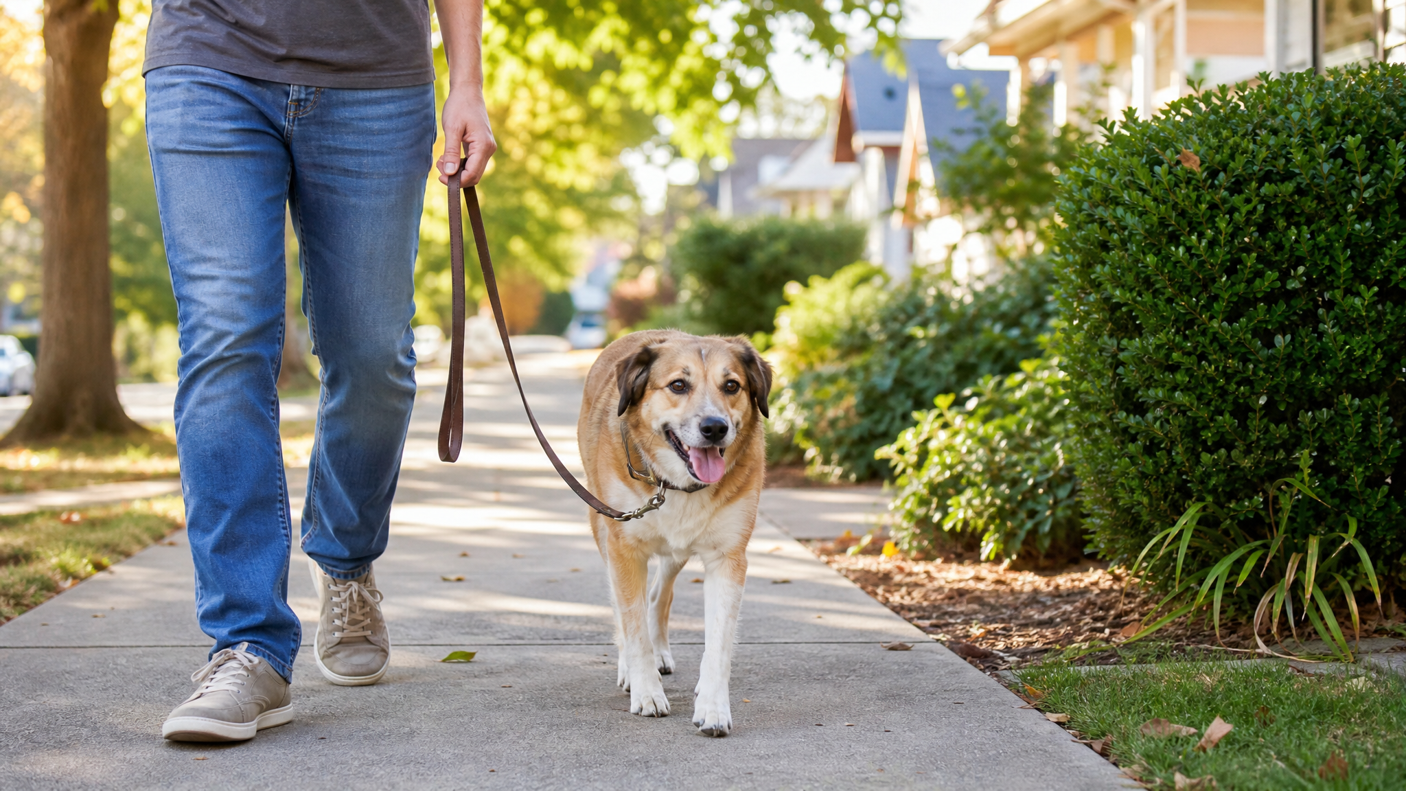 A calm dog walking on a sunny sidewalk with a loose leash