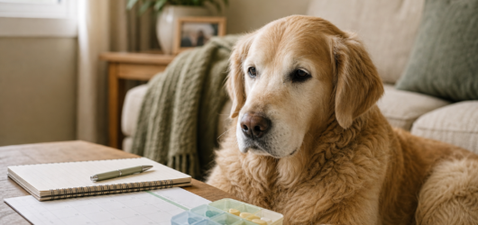 Senior dog near a notebook and calendar for tracking aging changes