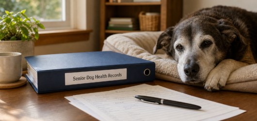 Senior dog beside an organized health-record binder