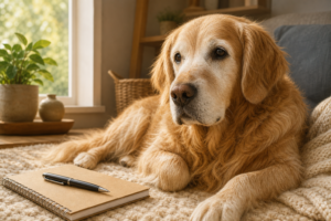 Senior dog resting near a notebook for tracking small health changes before calling the vet