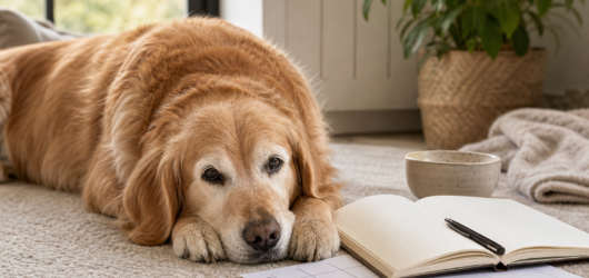 Senior dog beside a symptom-tracking notebook