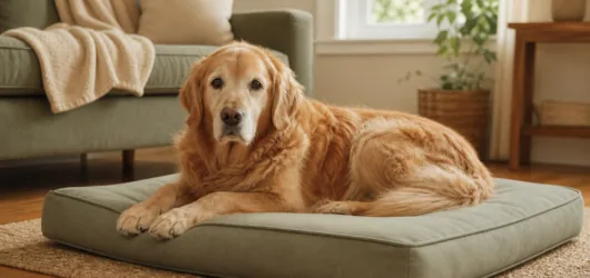 Senior golden retriever resting on a supportive low-profile bed
