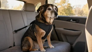Senior dog wearing a plain padded car harness on the rear seat of a parked vehicle
