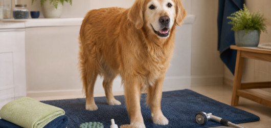 Senior dog on a nonslip grooming mat beside gentle grooming tools