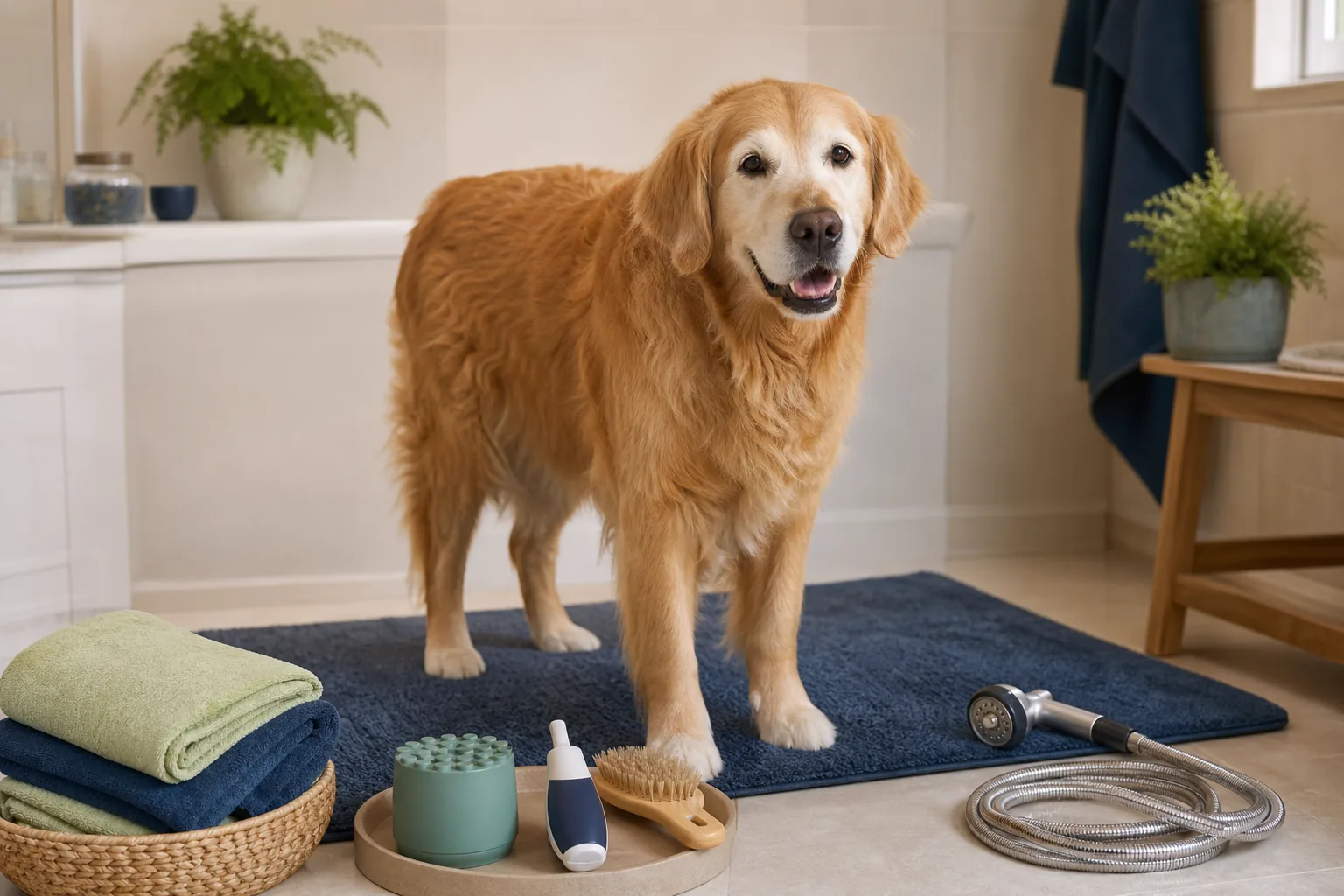 Senior golden retriever standing on a nonslip grooming mat beside a soft brush, paw cleaner, nail grinder, towels, and rinse sprayer