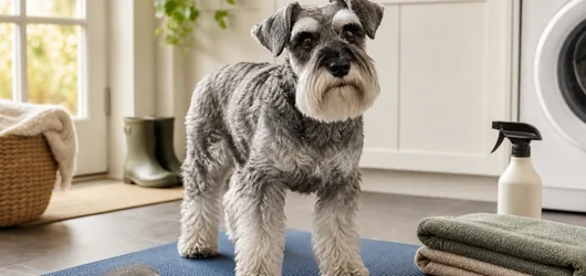 Senior dog on a nonslip grooming mat beside gentle grooming tools
