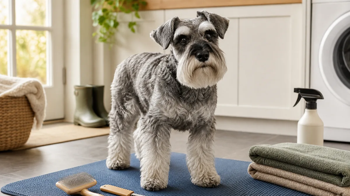 Older miniature schnauzer standing on a nonslip grooming mat beside gentle grooming tools and towels