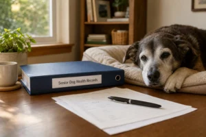 Senior dog resting beside an organized binder labeled Senior Dog Health Records