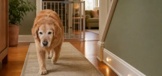 Senior golden retriever using a runner with path lights and a safety gate nearby