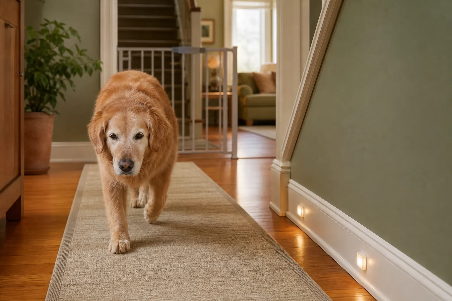 Senior golden retriever walking on a low-profile runner with path lights and a safety gate nearby