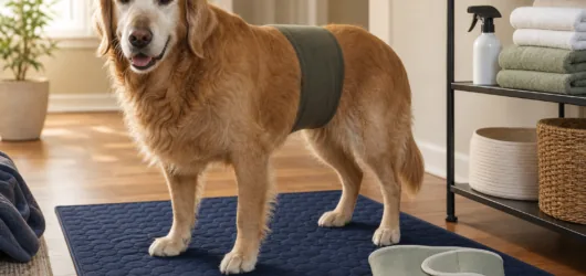 Senior dog on washable floor protection beside cleanup supplies