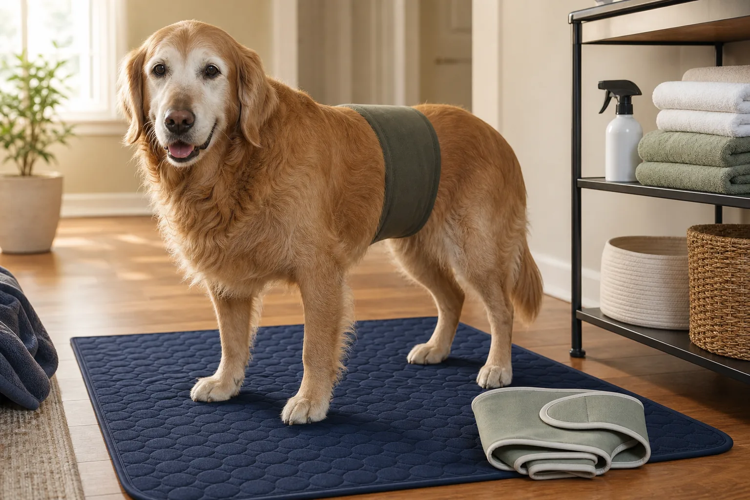 Senior golden retriever wearing a neutral wrap while standing on a washable floor-protection mat beside clean towels