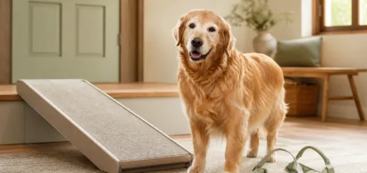 Senior dog beside a low mobility ramp and unbranded support harness