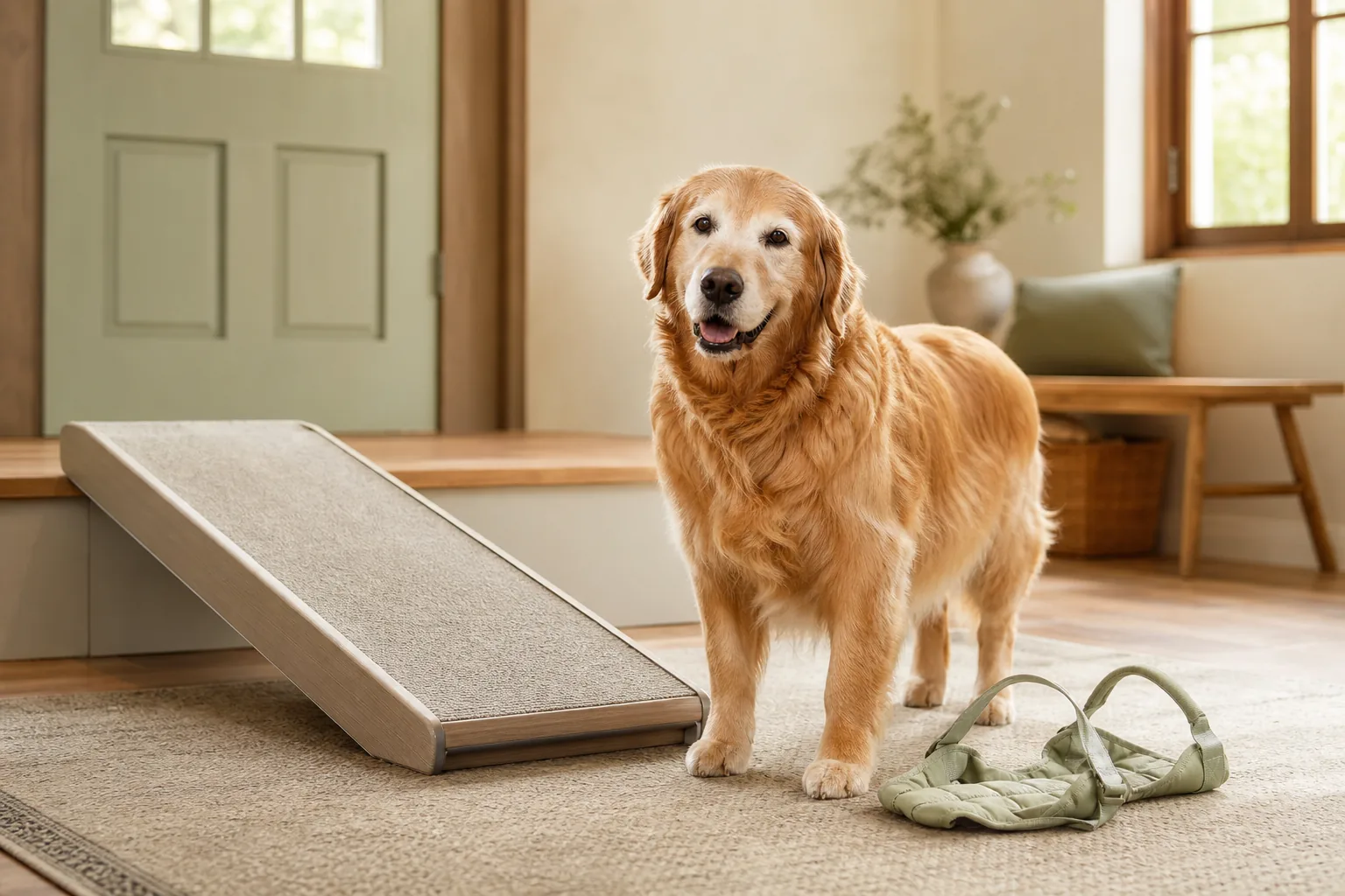 Senior golden retriever standing beside a low indoor mobility ramp and an unbranded support harness