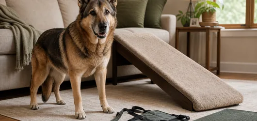 Senior dog beside a low mobility ramp and unbranded support harness