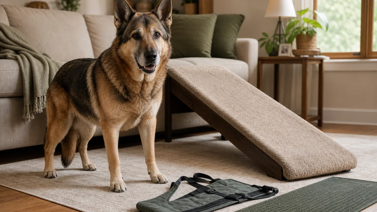 Older German shepherd mix standing beside a low indoor mobility ramp and an unbranded support sling