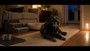 Older black Labrador mix resting on a nonslip runner near low steps and a night-light
