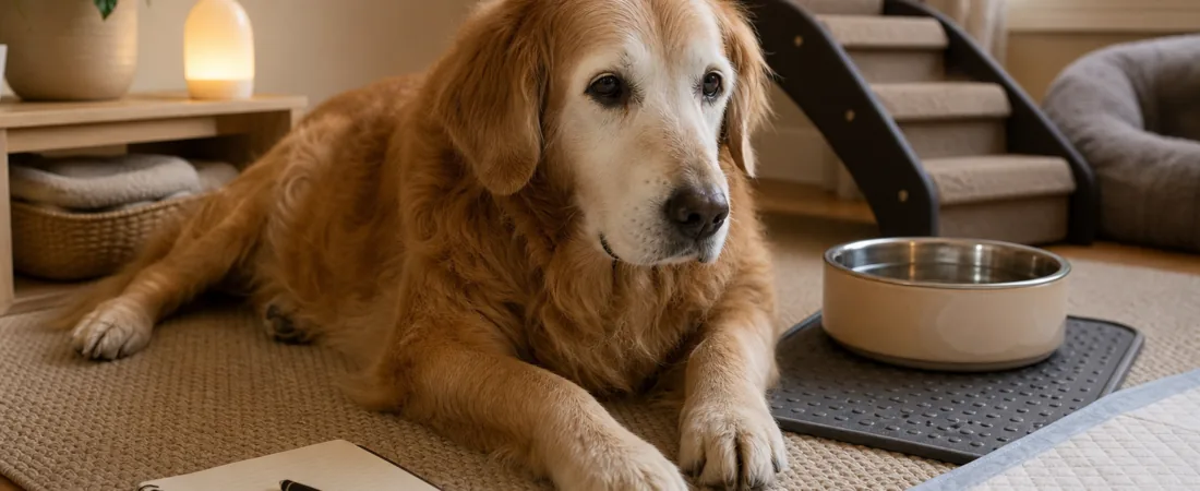 Senior dog resting in a safer nighttime home setup