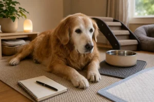 Senior golden retriever resting on a non-slip rug beside a water bowl, notebook, and soft night light for nighttime mobility care