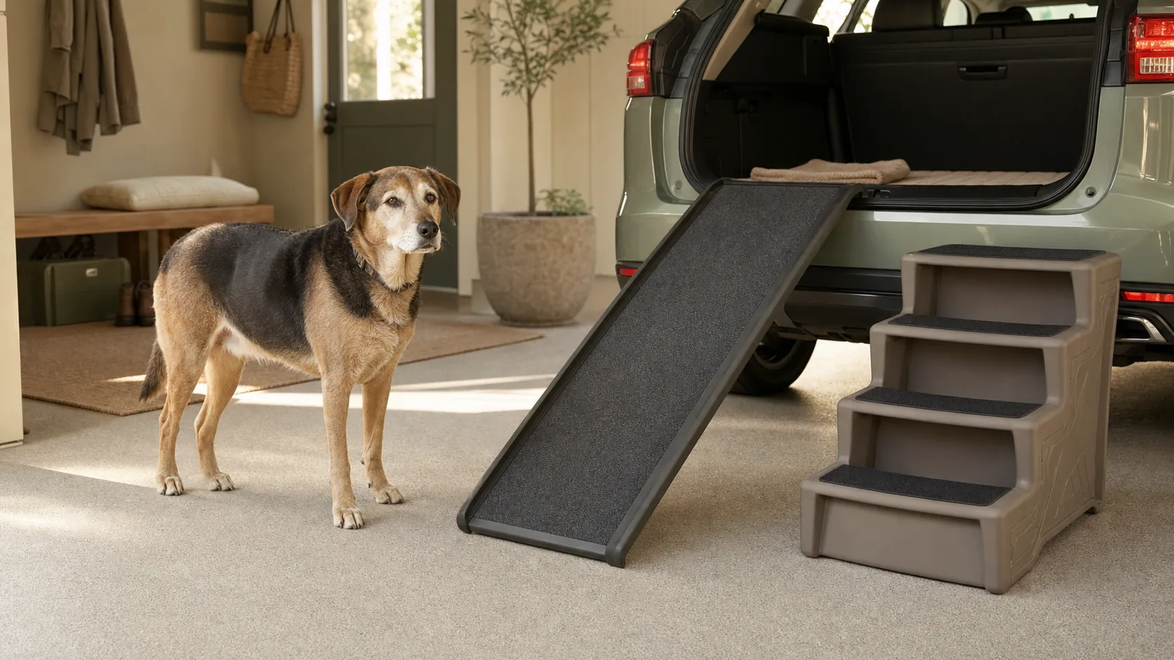 Senior dog standing beside a nonslip vehicle ramp and pet steps