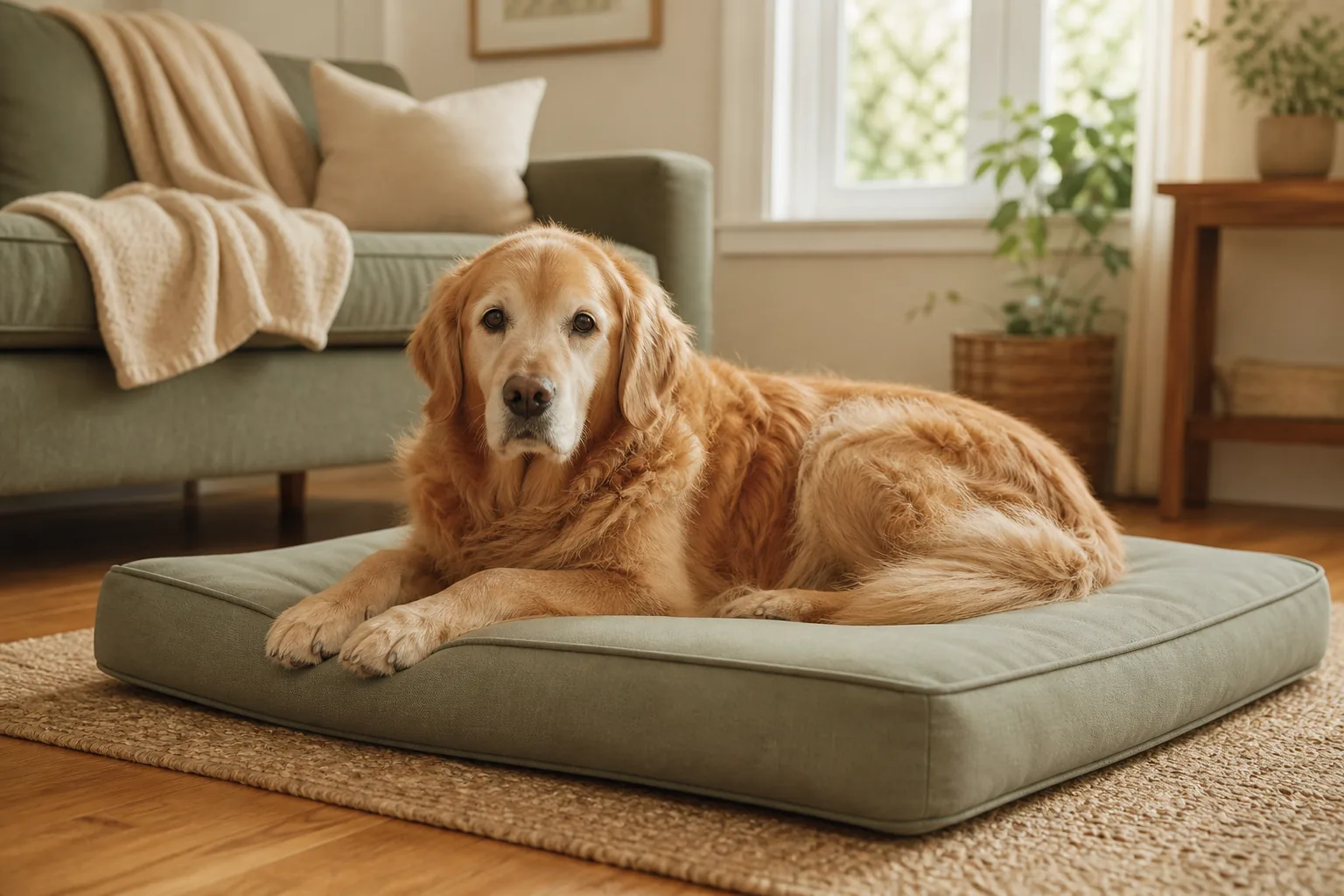 Senior golden retriever resting on a low-profile supportive bed in a calm living room