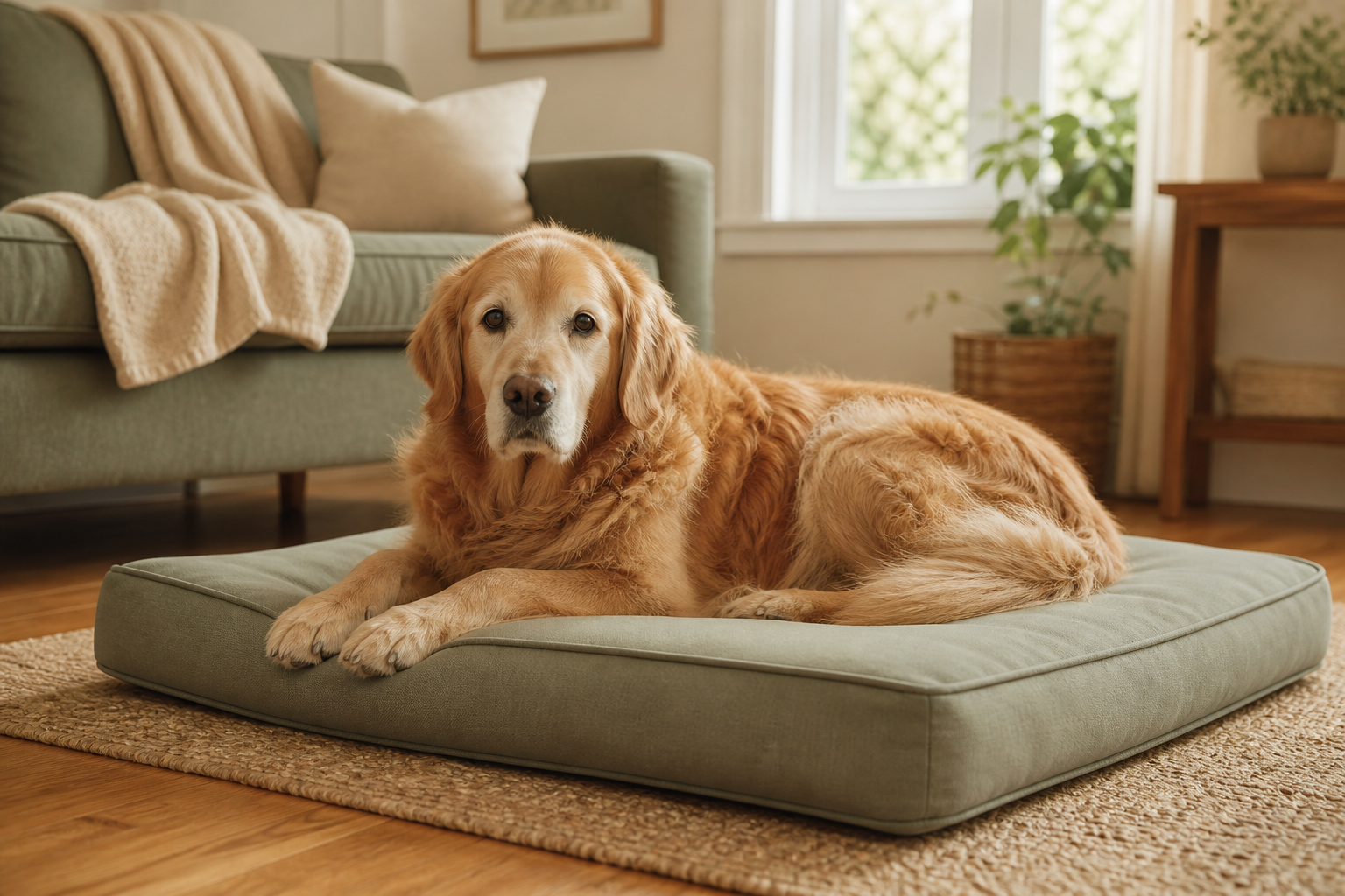 Senior golden retriever resting on a supportive low-profile bed