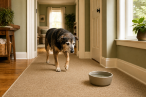 Senior dog walking along a flat rug runner toward a water bowl