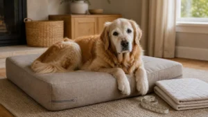 Senior golden retriever resting on a low-profile supportive bed beside a washable protector and measuring tape