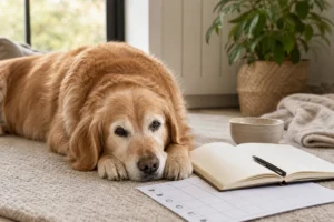 Senior golden retriever resting beside a notebook and simple wellness tracker at home