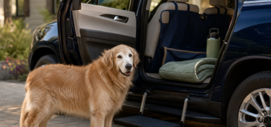 Senior dog beside a parked SUV with a low vehicle step