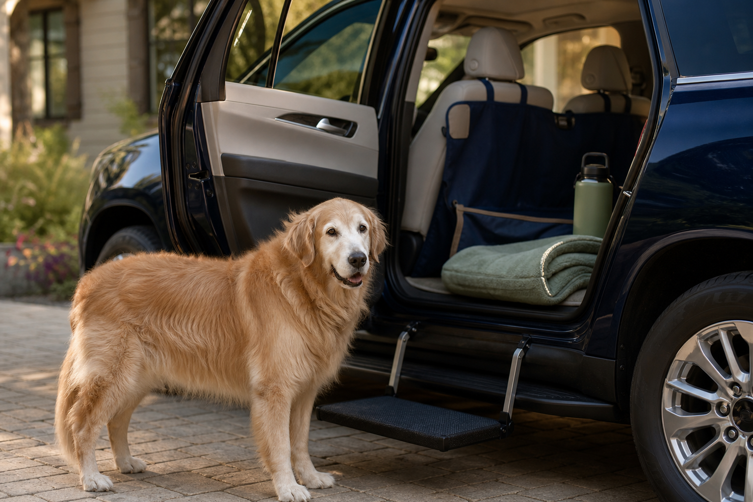 Senior dog beside a parked SUV with a low vehicle step