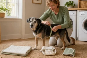 Caregiver measuring a senior dog beside a washable pad, plain dog diaper, and male wrap