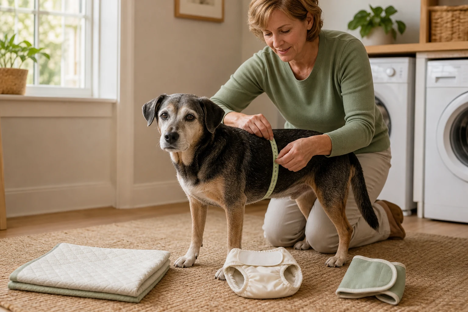 Caregiver measuring a senior dog beside a washable pad, plain dog diaper, and male wrap