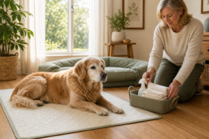 Senior golden retriever resting on a flat washable protective pad while a caregiver prepares clean cloths and an unlabeled spray bottle