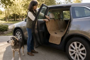 Caregiver installing a plain rear-seat cover while a senior dog waits beside the parked car