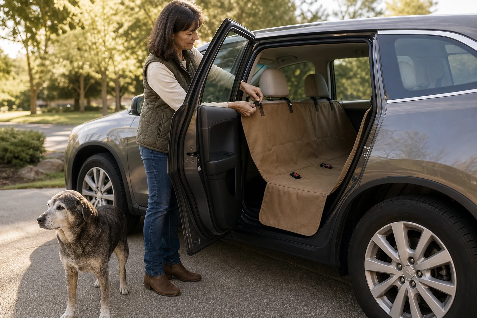 Caregiver installing a plain rear-seat cover while a senior dog waits beside the parked car