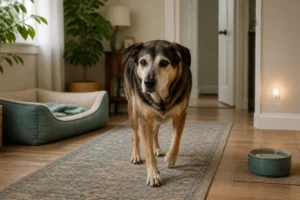Senior dog walking along a secure runner between a low bed and water bowl in a warmly lit home