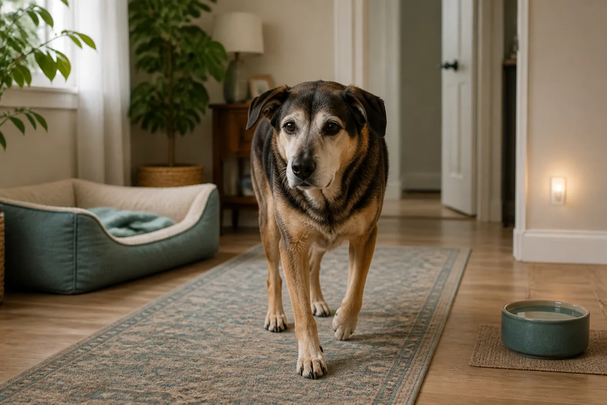 Senior dog walking along a secure runner between a low bed and water bowl in a warmly lit home