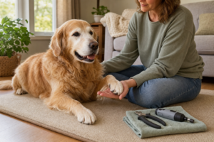 Older golden retriever resting on a nonslip mat while a caregiver supports one paw beside dog nail clippers and a cordless grinder