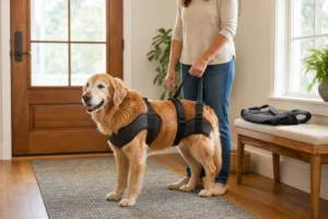 Senior golden retriever standing on a runner in a generic full-body support harness beside a caregiver