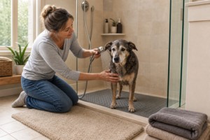 A caregiver gently bathes a gray-muzzled senior dog standing on a textured shower mat, with a dry exit mat and towels ready outside.