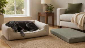 A gray-muzzled senior black Labrador rests in a low open-front bolster bed beside an unused flat dog mattress.