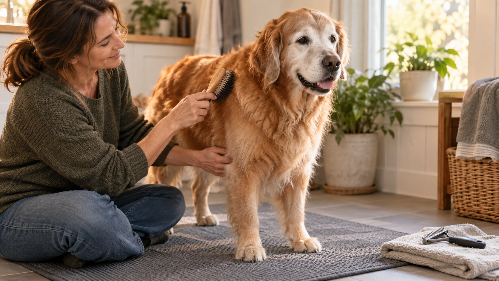 Gray-muzzled senior golden retriever standing on a nonslip mat while a caregiver uses a gentle brush, with an unused undercoat tool nearby