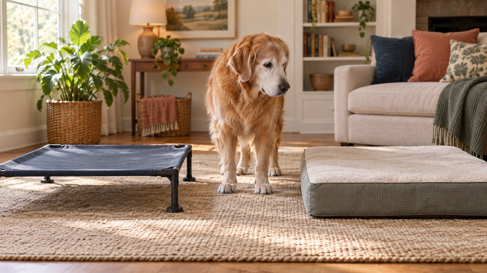Gray-muzzled senior dog standing between a low elevated cot and a flat foam dog bed in a calm room