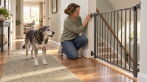 Caregiver checking a wall-mounted safety gate while a senior dog stands on a secure hallway runner