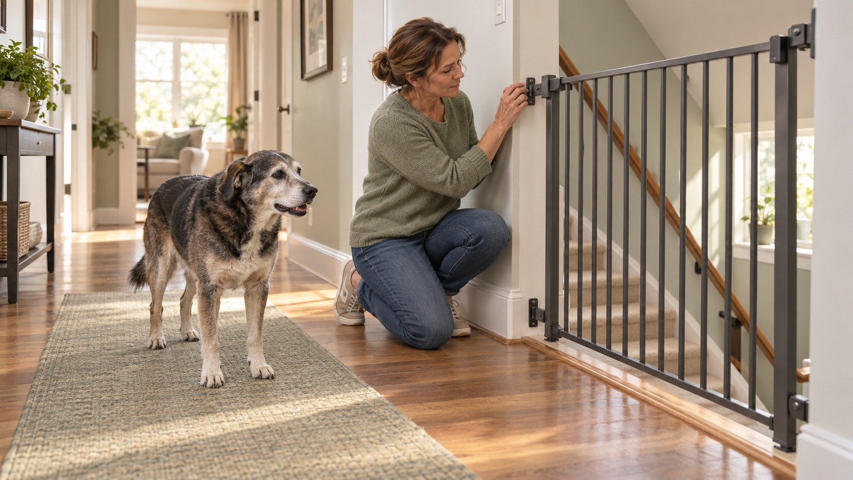 Caregiver checking a wall-mounted safety gate while a senior dog stands on a secure hallway runner