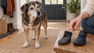 Senior mixed-breed dog standing on a secure runner beside a generic traction sock and dog boot
